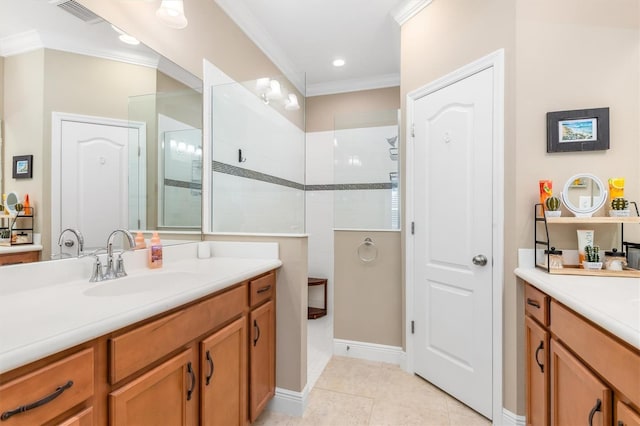 bathroom featuring tiled shower, ornamental molding, tile patterned flooring, and vanity