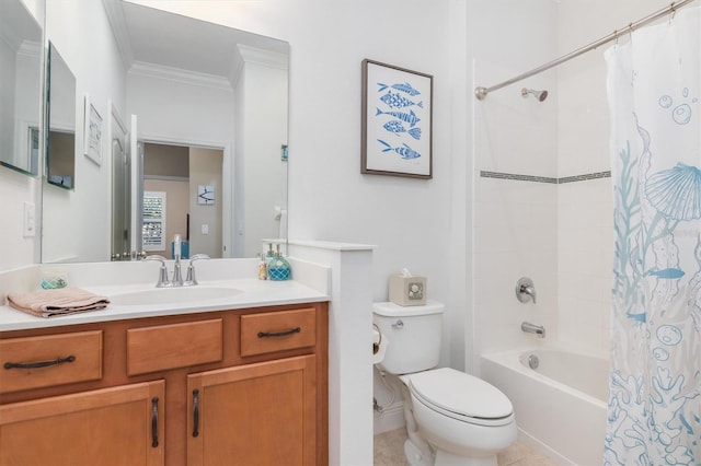 full bathroom featuring ornamental molding, vanity, shower / bath combination with curtain, and toilet