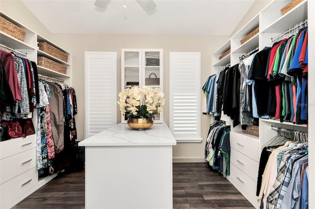 spacious closet with ceiling fan and dark hardwood / wood-style floors