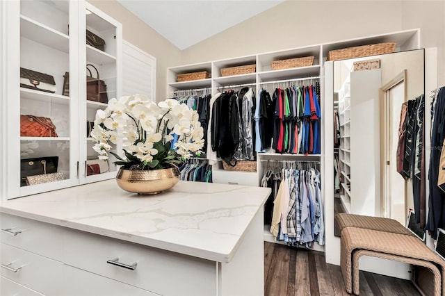 walk in closet featuring dark wood-type flooring and vaulted ceiling