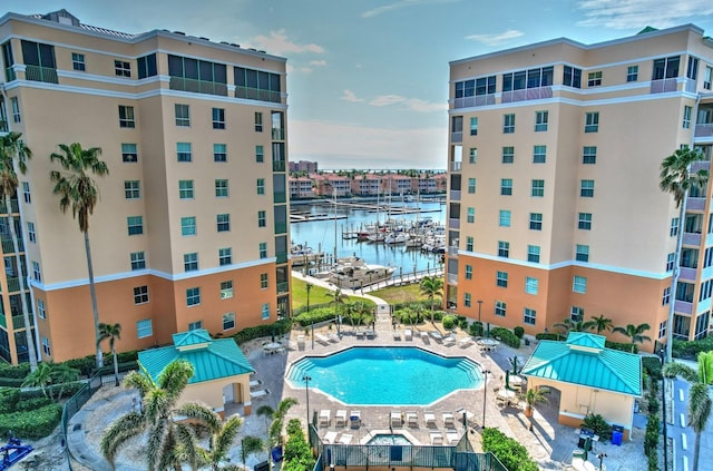 view of pool with a water view