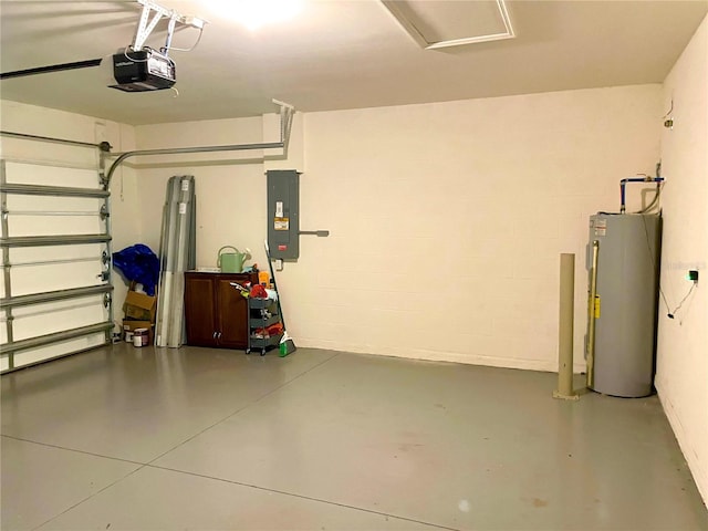 garage featuring a garage door opener, electric panel, and water heater