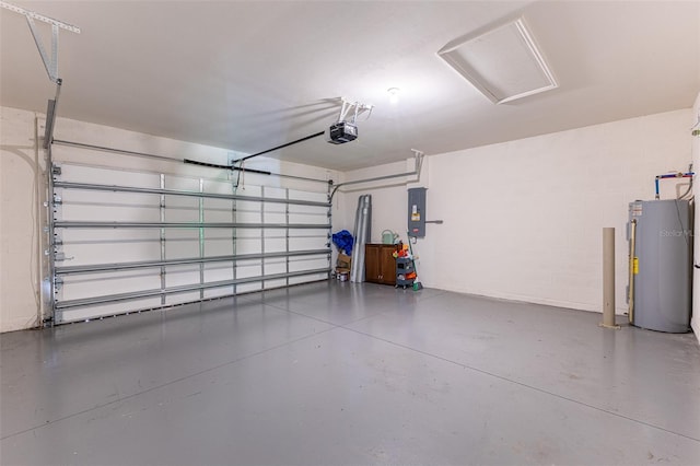 garage with electric water heater, electric panel, and a garage door opener