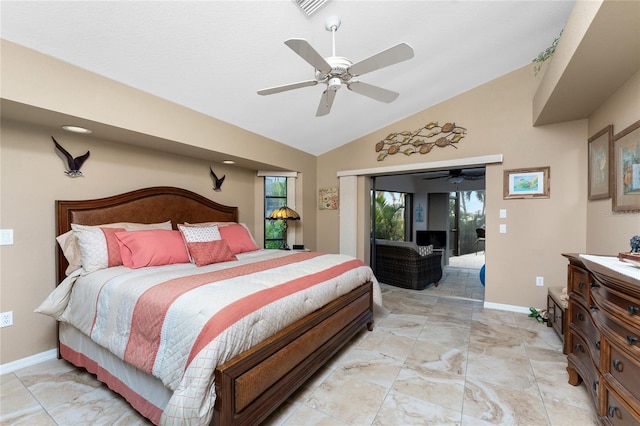 bedroom featuring ceiling fan, access to exterior, and vaulted ceiling