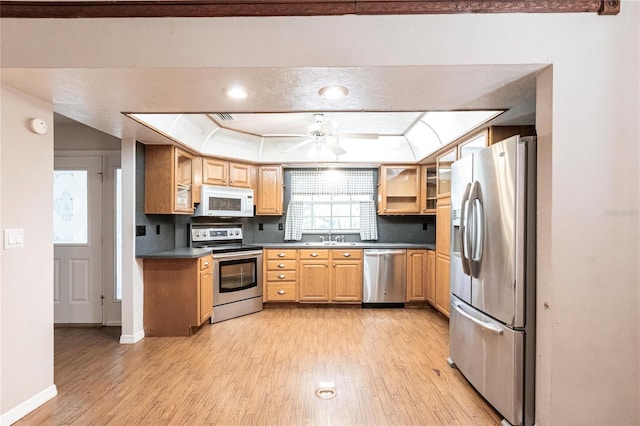 kitchen with sink, stainless steel appliances, tasteful backsplash, a tray ceiling, and light hardwood / wood-style floors