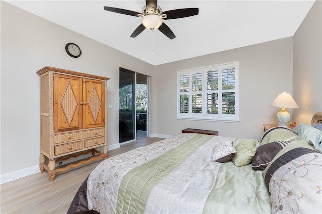 bedroom featuring ceiling fan, access to exterior, and light hardwood / wood-style flooring