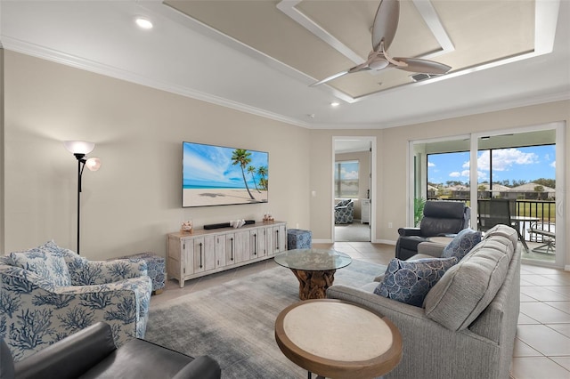 tiled living room with crown molding and ceiling fan