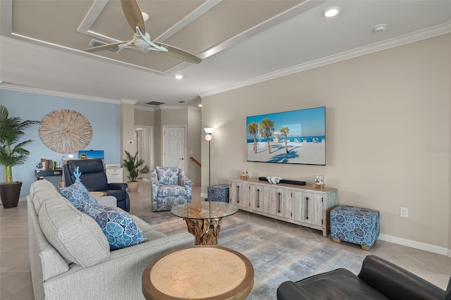 tiled living room featuring crown molding