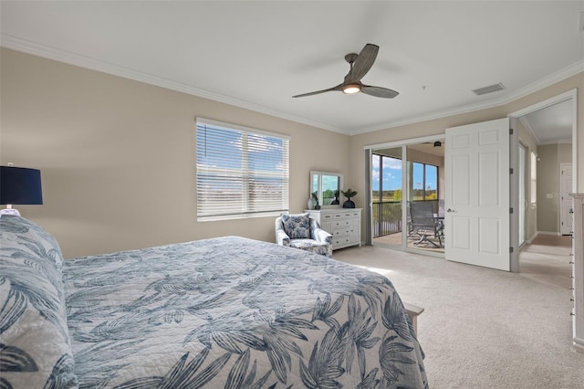 carpeted bedroom with crown molding, access to outside, and ceiling fan