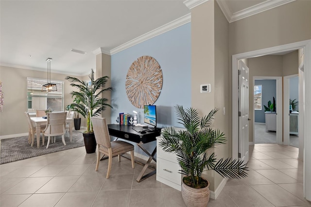 tiled office featuring ornamental molding