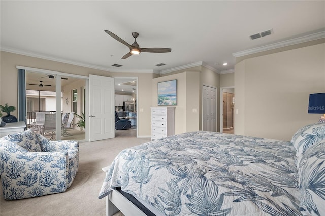 bedroom featuring crown molding, light colored carpet, and ceiling fan