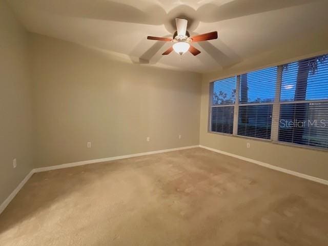 empty room featuring ceiling fan and carpet flooring