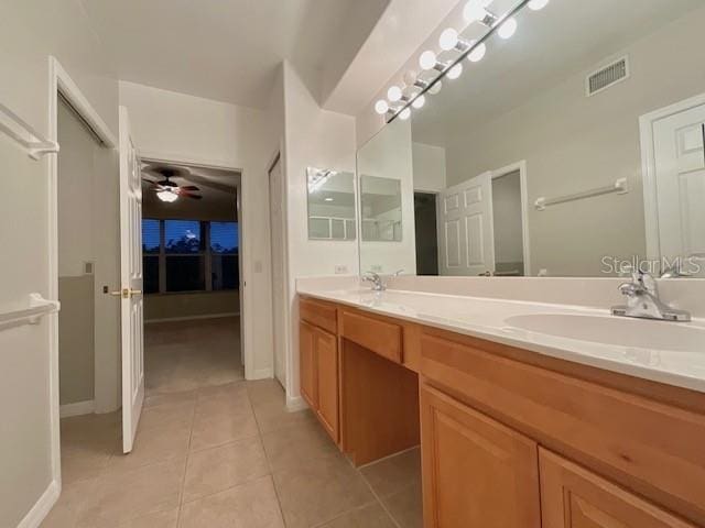 bathroom with vanity, tile patterned floors, and ceiling fan