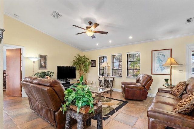 living room featuring crown molding, lofted ceiling, and ceiling fan