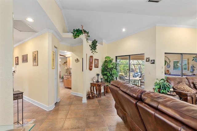 tiled living room with lofted ceiling and ornamental molding