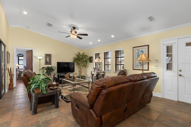 living room featuring lofted ceiling, crown molding, and ceiling fan