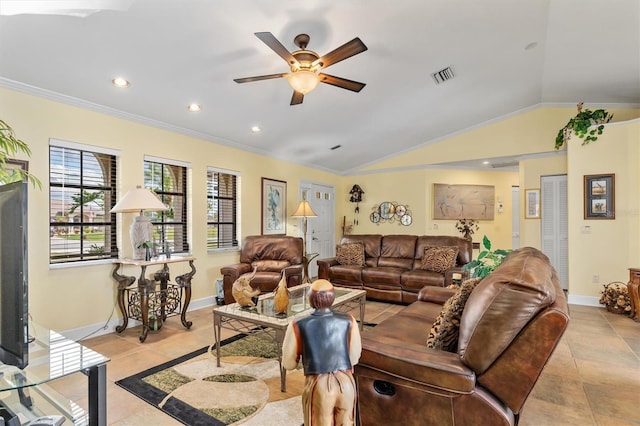 tiled living room with lofted ceiling, ornamental molding, and ceiling fan