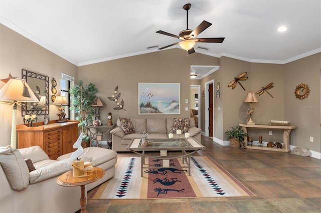 living room featuring crown molding, ceiling fan, and lofted ceiling