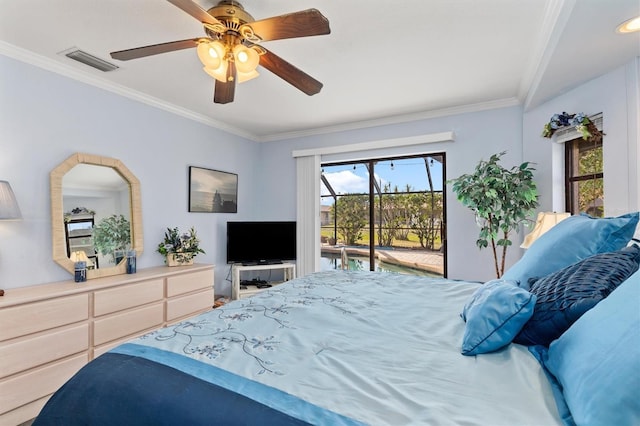 bedroom featuring crown molding, access to outside, and ceiling fan