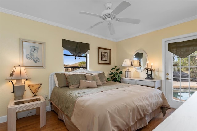 bedroom featuring hardwood / wood-style flooring, ornamental molding, access to exterior, and ceiling fan