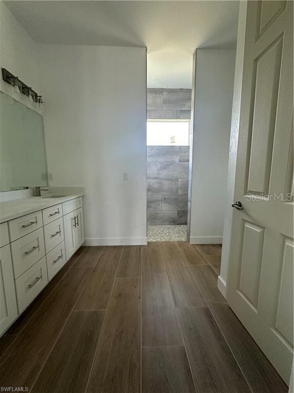 bathroom featuring walk in shower and vanity