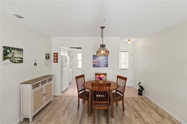 dining area featuring plenty of natural light, a textured ceiling, and light wood-type flooring