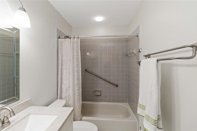 full bathroom featuring vanity, toilet, and shower / bathtub combination with curtain