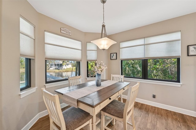 dining space featuring a water view and dark hardwood / wood-style flooring