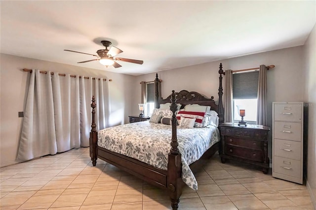 bedroom with light tile patterned flooring and ceiling fan