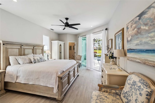 bedroom with ceiling fan, access to exterior, and light wood-type flooring