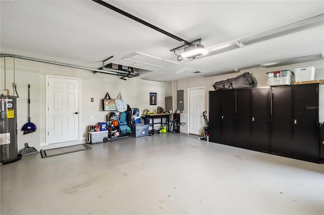 garage with a garage door opener, electric water heater, and electric panel