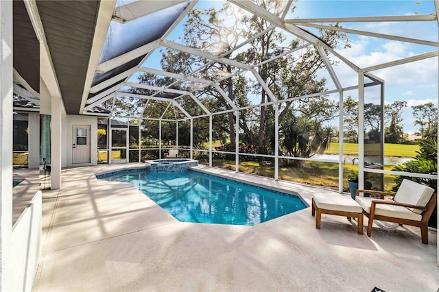 view of swimming pool with an in ground hot tub, a lanai, and a patio