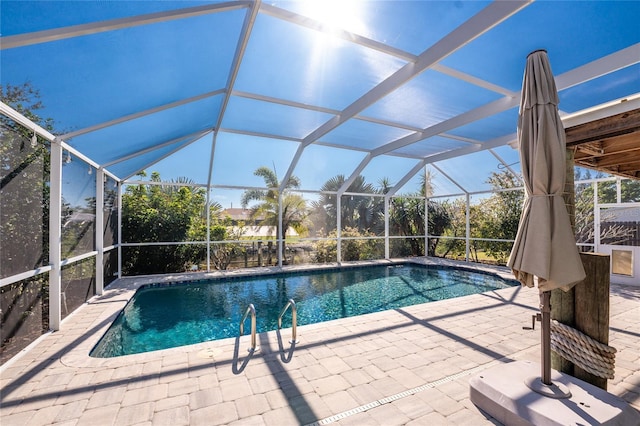 view of swimming pool with a lanai and a patio area