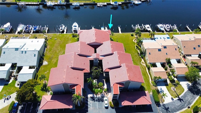 bird's eye view with a water view