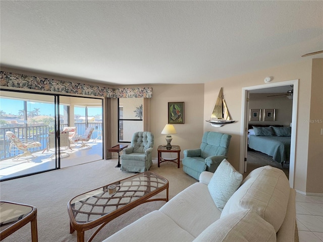 carpeted living room featuring a textured ceiling