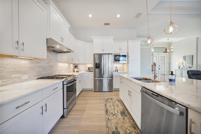 kitchen featuring white cabinetry, appliances with stainless steel finishes, sink, and light stone counters