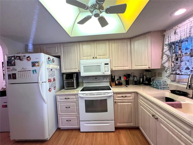 kitchen with sink, light wood-type flooring, white appliances, ceiling fan, and a textured ceiling