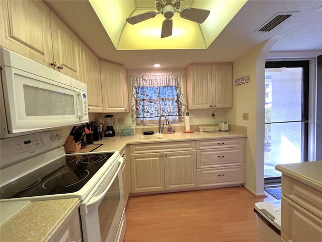 kitchen with sink, white appliances, a raised ceiling, ceiling fan, and light hardwood / wood-style floors