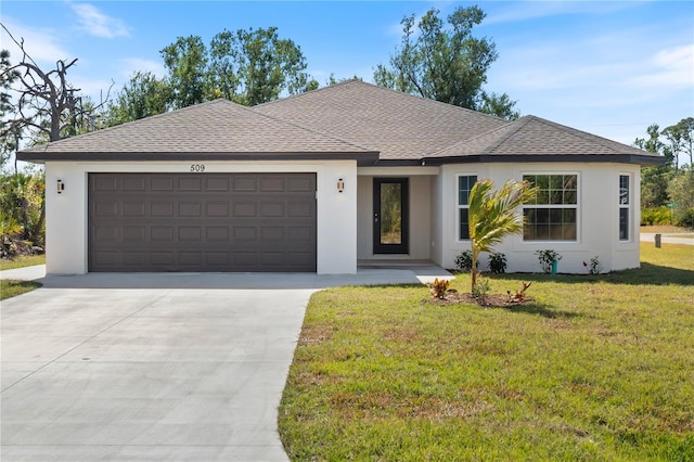 ranch-style home with a garage and a front yard