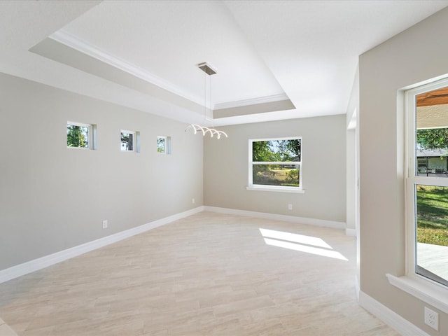 spare room featuring a raised ceiling, crown molding, and light hardwood / wood-style flooring