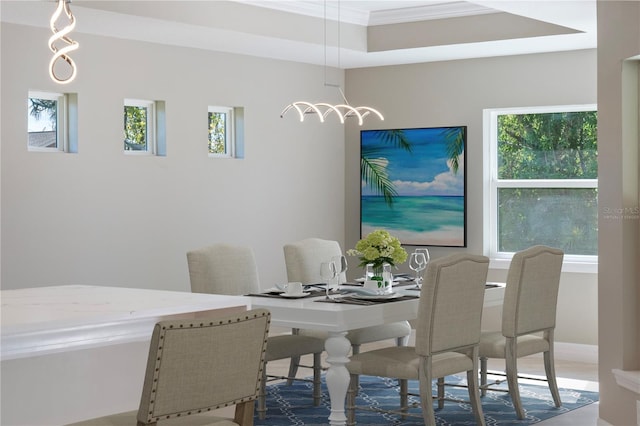 dining room featuring a tray ceiling and ornamental molding