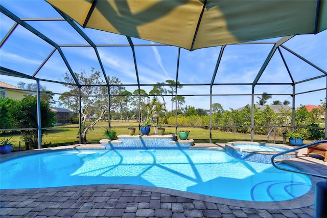 view of swimming pool featuring a lanai, a lawn, a patio, and an in ground hot tub