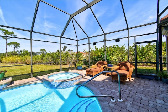 view of pool with a lawn, an in ground hot tub, a patio, and glass enclosure