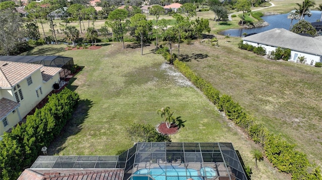 drone / aerial view with a water view