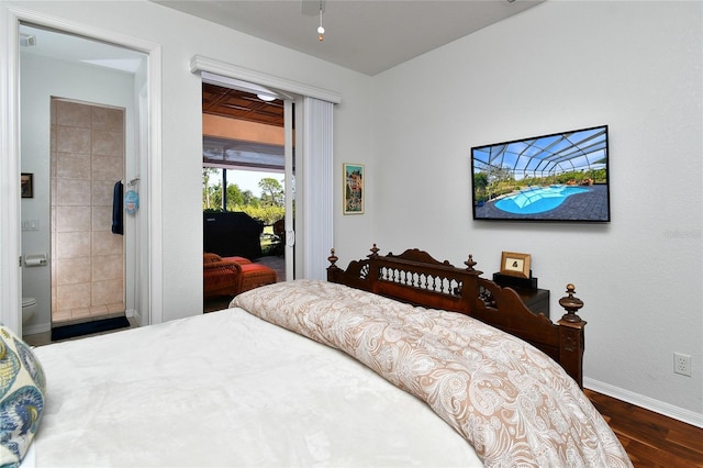 bedroom with dark hardwood / wood-style flooring, access to exterior, and ensuite bath