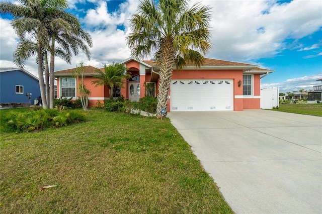 ranch-style home with stucco siding, a front yard, concrete driveway, and an attached garage