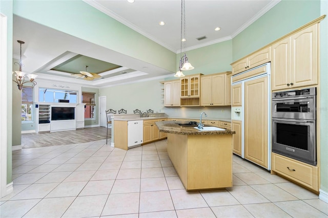 kitchen with visible vents, light brown cabinetry, dishwasher, light tile patterned floors, and paneled refrigerator