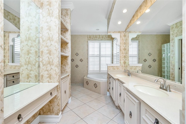 full bathroom with a sink, tile patterned flooring, and wallpapered walls