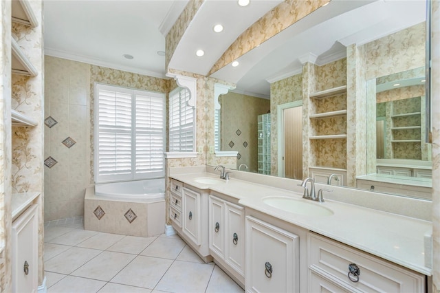 bathroom with tile patterned flooring, ornamental molding, wallpapered walls, and a sink