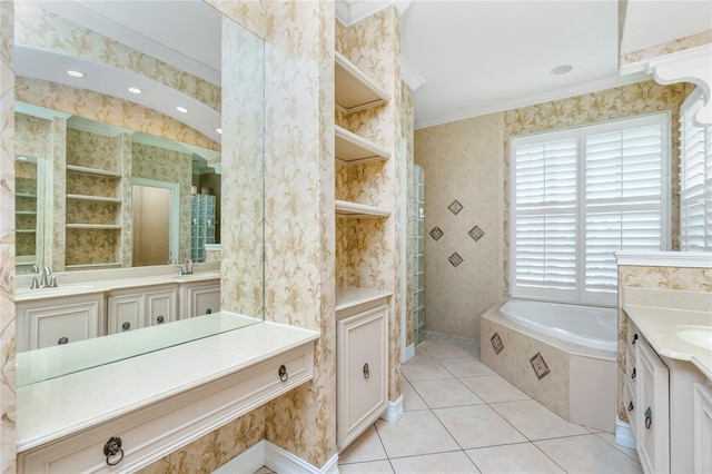 bathroom featuring wallpapered walls, two vanities, ornamental molding, tile patterned floors, and a bath